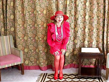 Busty hot granny MariaOld - lady in red, teasing in red stockings and high heels shoes